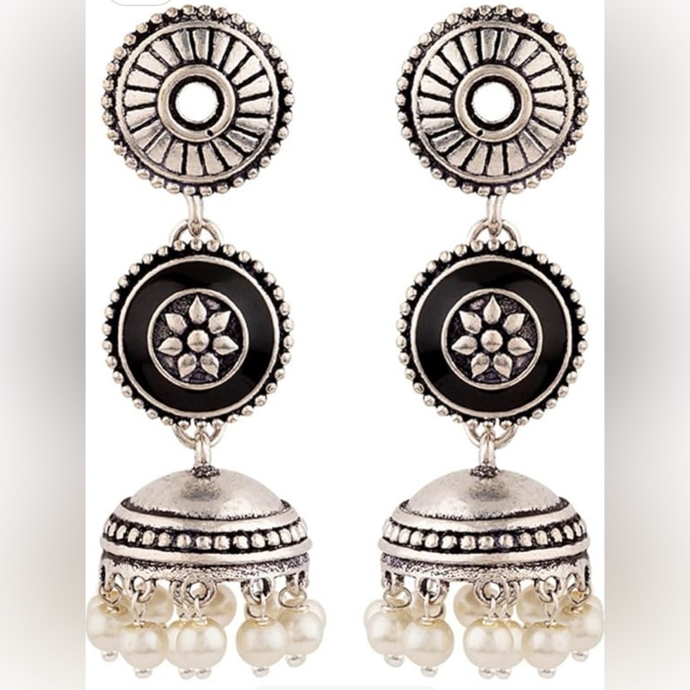 Trendy Jewels Black and Silver Floral Earrings Jhumka